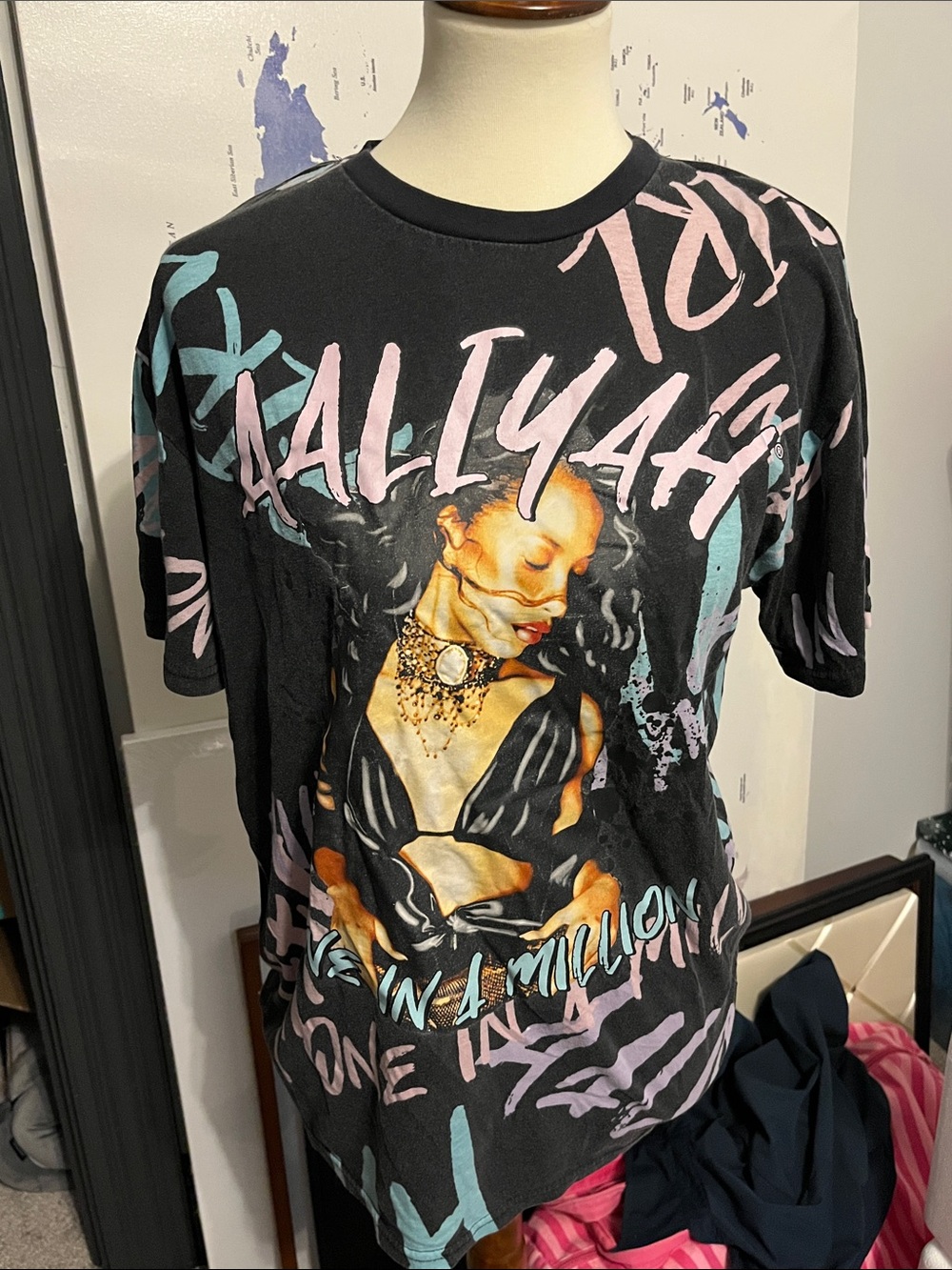 Black Aaliyah Graphic Tee with Pink & Teal Accents